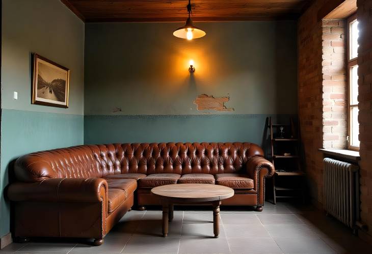 Warm Vintage Living Room with Leather Sofa, Wood Table, and Pendant Light